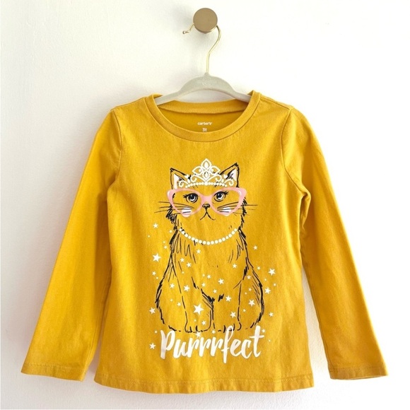 Carter's Kids Mustard Color Cat Princess Long Sleeve “Purrfect” Tee Girls 3T - Picture 4 of 4